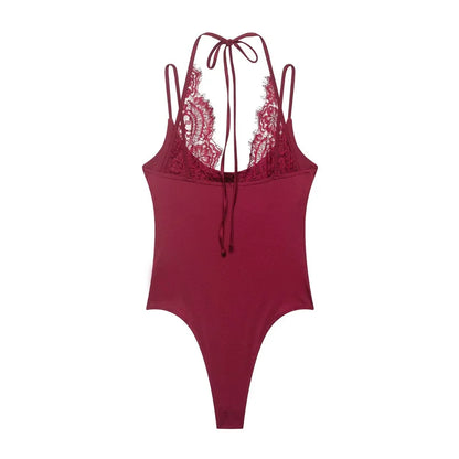 Women's Bodysuit 2026 New Fashion Summer Black Spliced Lace Bodysuit for Women Elegant Chic Personality Spaghetti Strap Bodysuit
