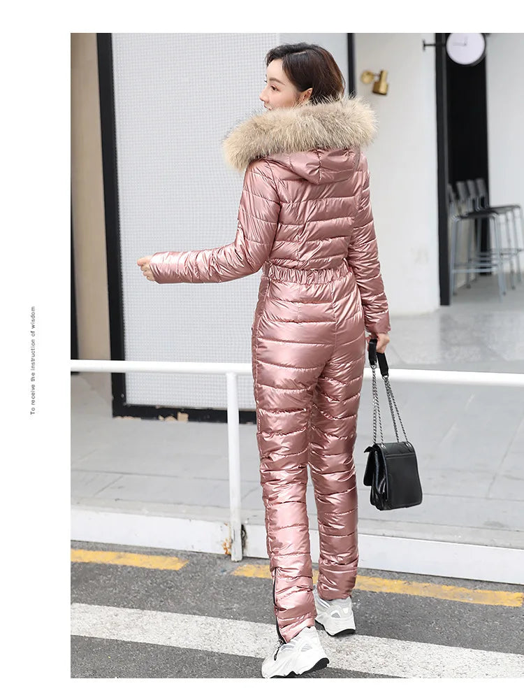 Jumpsuits One Piece Ski Suit Winter Thicken Snow Place Down Cotton Women Suits Warm Hooded Waist Slim Shiny Outdoor Sports