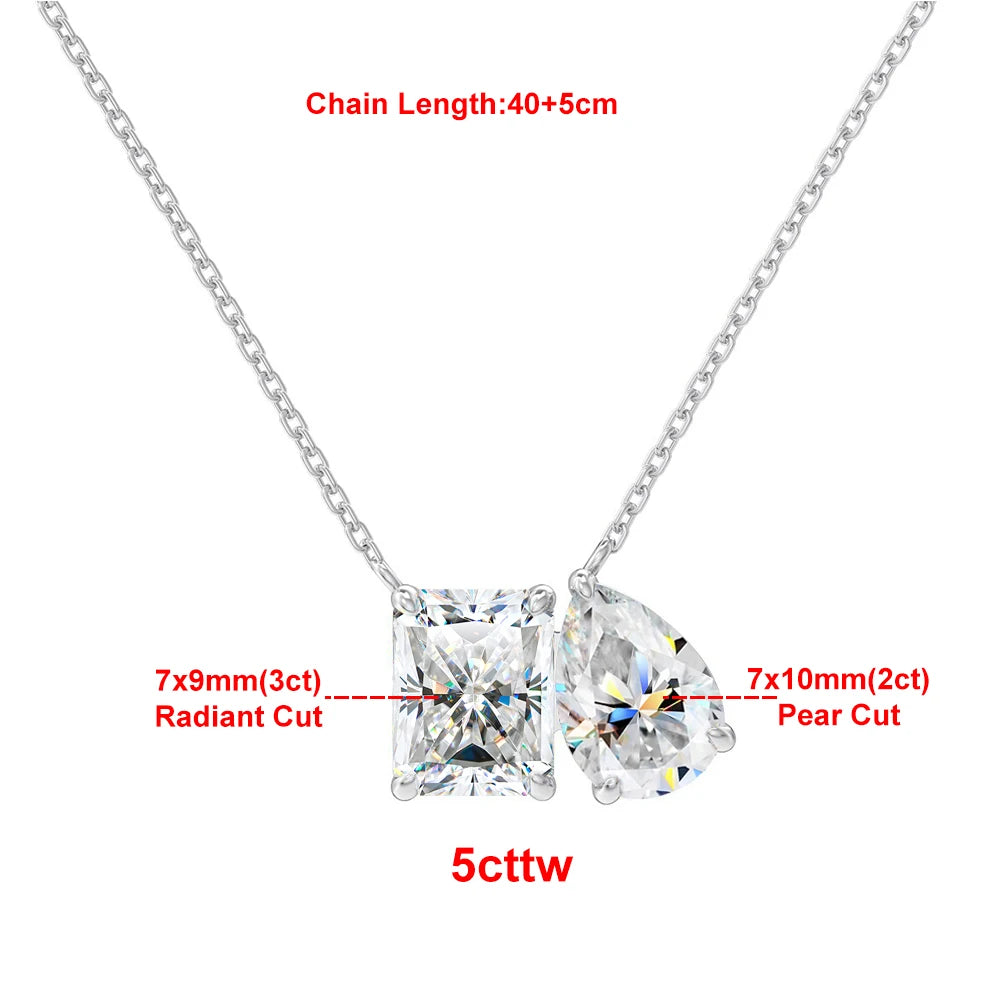 925 Sterling Silver Two Stone Toi Et Moi Necklace 2/5cttw Radiant Emerald Pear Cut Moissanite Pendant Necklace Fine Jewelry Gift