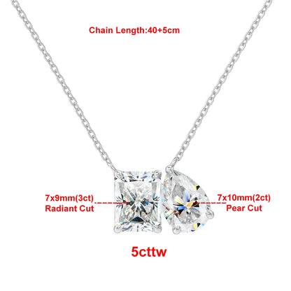 925 Sterling Silver Two Stone Toi Et Moi Necklace 2/5cttw Radiant Emerald Pear Cut Moissanite Pendant Necklace Fine Jewelry Gift