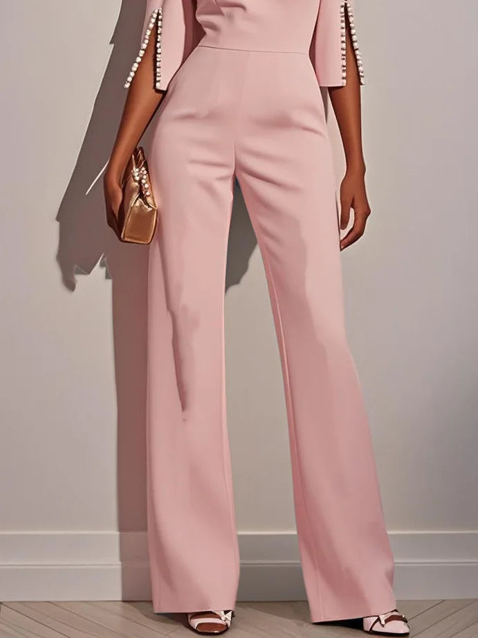 Women Round Neck Pearl Sleeve Wide Leg Jumpsuit Elegant Office Lady Fashion Spring Autumn