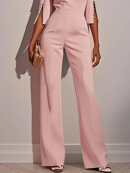 Women Round Neck Pearl Sleeve Wide Leg Jumpsuit Elegant Office Lady Fashion Spring Autumn
