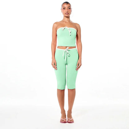 Joskaa Sexy Line Patchwork 2 Piece Set Women Strapless Bow Crop Top and High Waist Capri Pants Matching Tracksuits Streetwear