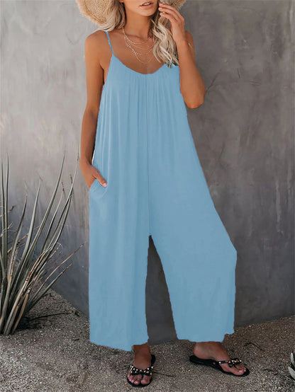 Strap jumpsuit for women's summer new cross-border solid color inserted bag casual jumpsuit