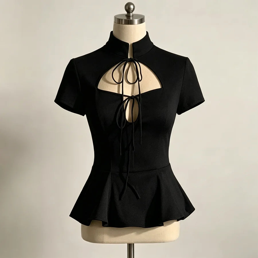 LIMO Elegant White Lace Up Peplum Top, Mandarin Collar Cutout Blouse, Women's Y2K Party Clubwear