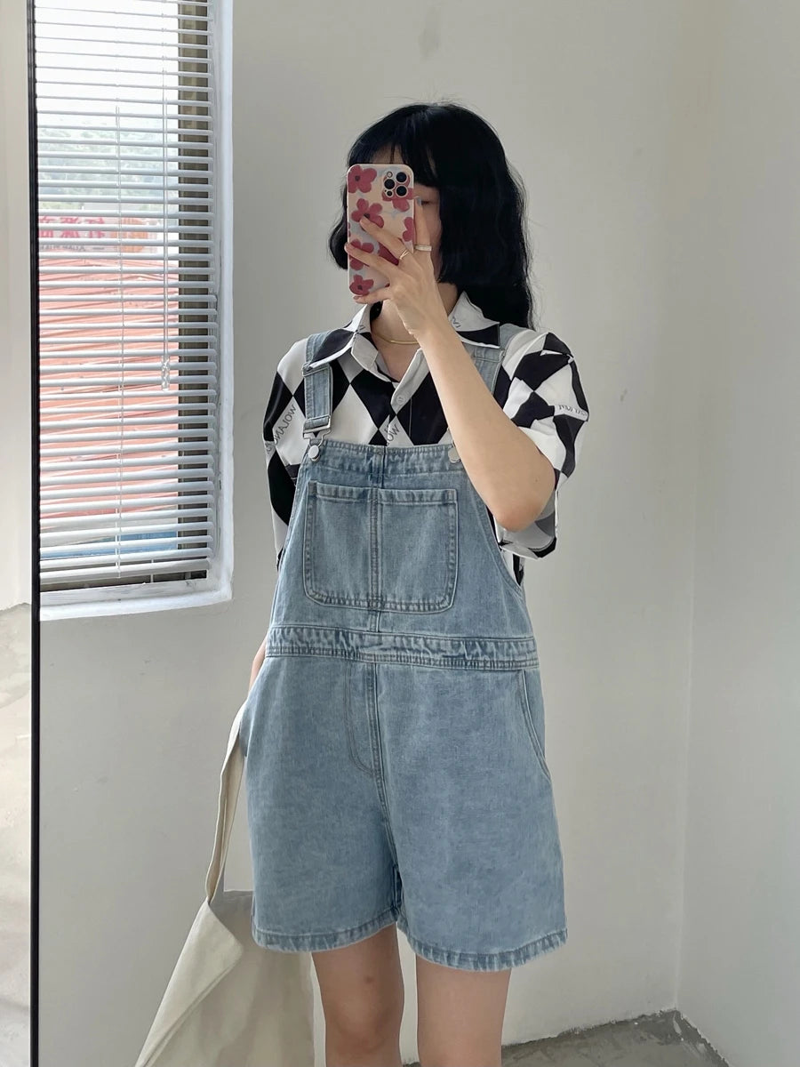 Women's Denim Overalls Short Trousers Wide Leg Loose Fit Thin Jumpsuit Korean Style for Petite Ladies Casual Clothing