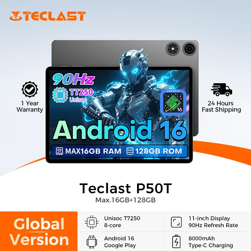 Teclast P50T Android 16 Tablets 90Hz 11" Display 8 Core UNISOC T7250 Max.16GB RAM(3GB+13GB Virtual) 128GB ROM 8000mAh GPS Tabs