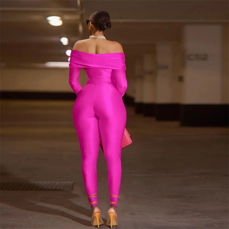 Sexy Off the Shoulder Birthday Jumpsuit for Women Night Club Outfit Party Hollow Out Ruched Skinny Long Sleeve Rompers Full Body