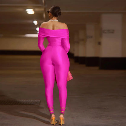 Sexy Off the Shoulder Birthday Jumpsuit for Women Night Club Outfit Party Hollow Out Ruched Skinny Long Sleeve Rompers Full Body