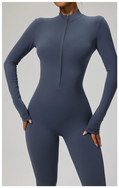 TRY TO BN Women's Jumpsuit Long Sleeve Zipper Shapewear Bodysuit Yoga Fitness One Piece Tights Gym Clothing Mono Deportivo Mujer