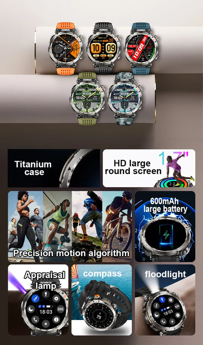 DAORKOW 2026 New Model 10ATM Waterproof 600mAh Smartwatch Compass LED Flashlight Bluetooth Call Outdoor Sports Smartwatch