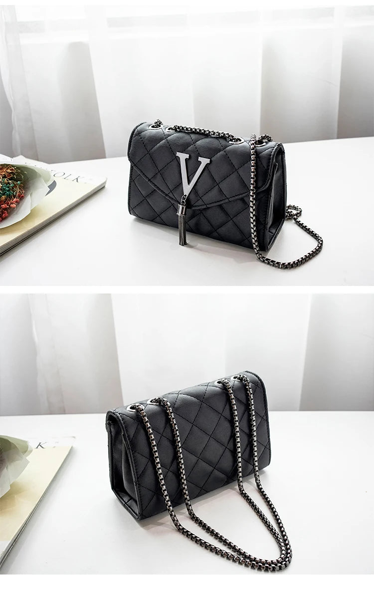Black Luxury Handbags And Purse Women PU Leather Messenger Shoulder Bag Plaid Female Crossbody Bag Tassel Quilted  Brand