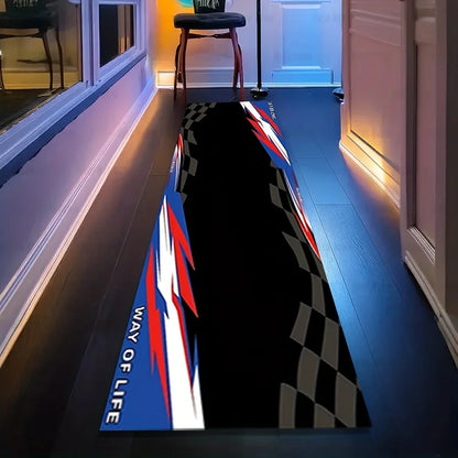 VIKAMA Motorcycle Garage Long Mat Checkered Flag Non Slip Wear Resistant Corridor Rug for Boys Bedroom E-Sports Room Decor