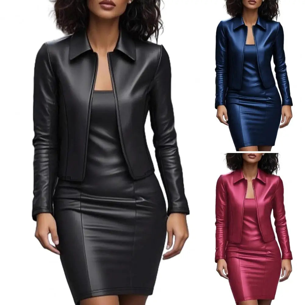 Women's Faux Leather Blazer Dress Suit Sets Office Work Mini Dress with Coat Two Piece Formal Business Outfits