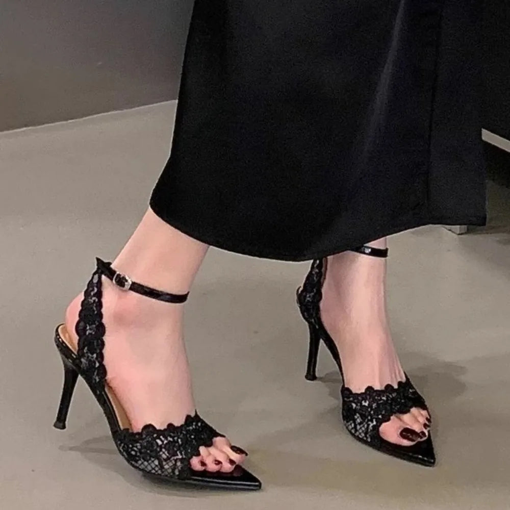 Luxury Lace Embroidery Ankle Strap Buckle Women Gladiator Sandals Elegant Thin High heels Summer Fashion Party Wedding Shoes
