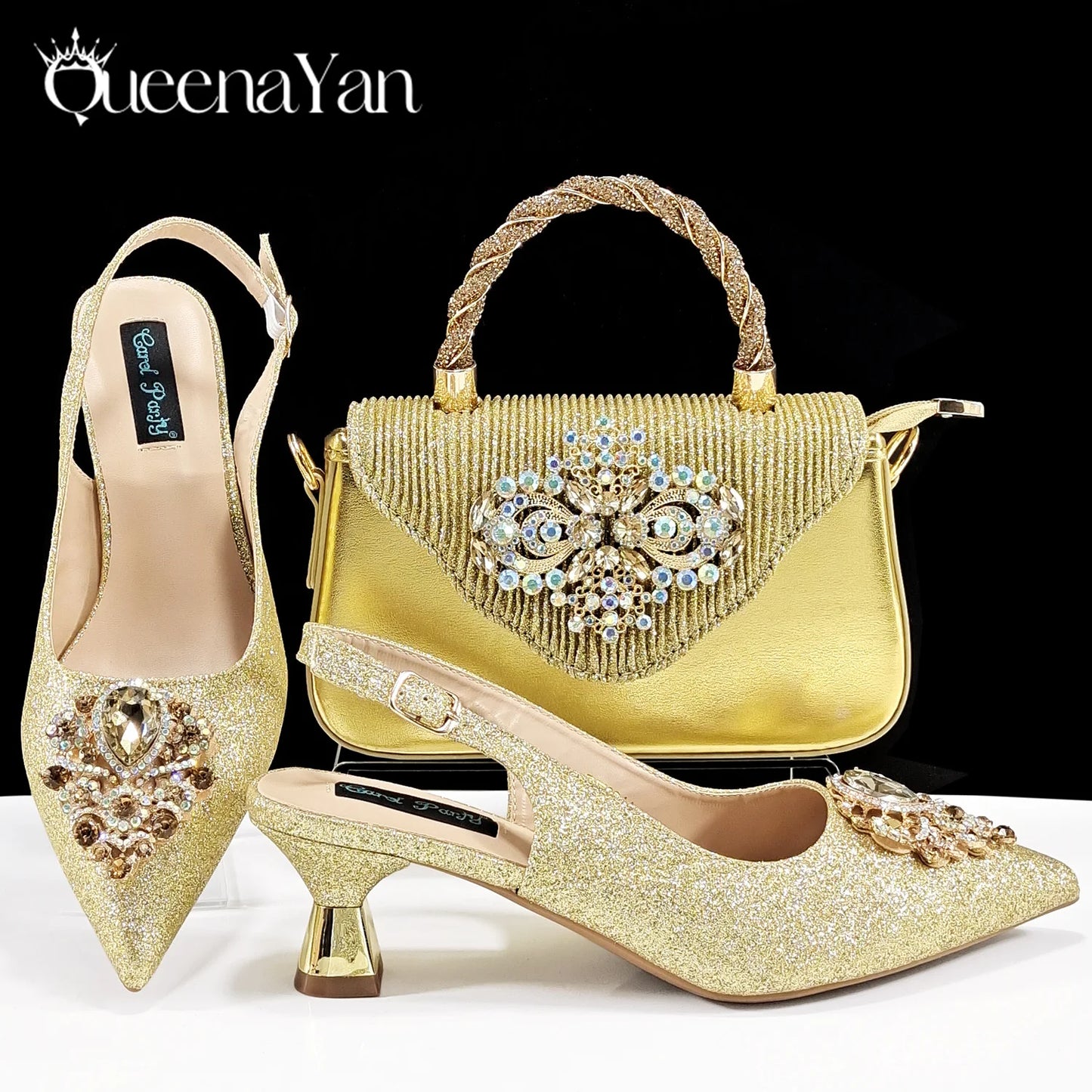 Hot Selling Elegant Noble Colorful Rhinestone Design White Color Party Wedding Pointed Toe High Heel Women Shoes and Bag Set