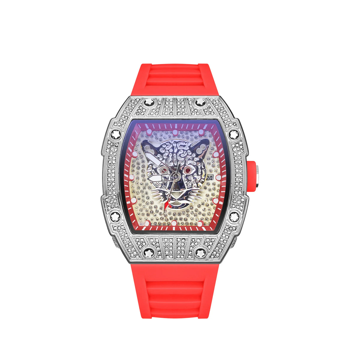 Tonneau Hollow Diamond Leopard Dial Quartz Watch Men Luxury Luminous Fashion Waterproof Rubber Sport Watches Men Steel Men Clock