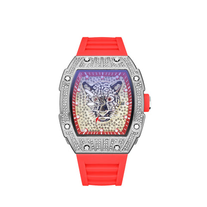 Tonneau Hollow Diamond Leopard Dial Quartz Watch Men Luxury Luminous Fashion Waterproof Rubber Sport Watches Men Steel Men Clock