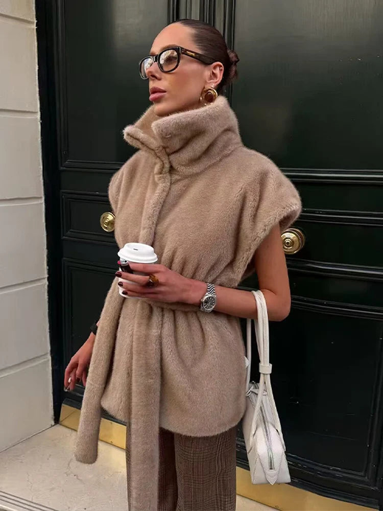 Casual Faux Fur Vests Women Loose High Neck Sleeveless Belts Waistcoat Female 2026 Spring New Chic Thicken Warm Solid Outwears