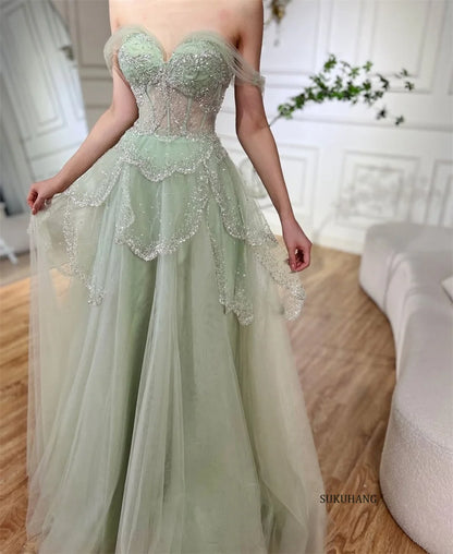 SUKUHANG Handmade Evening Dresses Layer Beaded Tulle Evening Dresses Off the Shoulder A-Line Prom Dresses Customized
