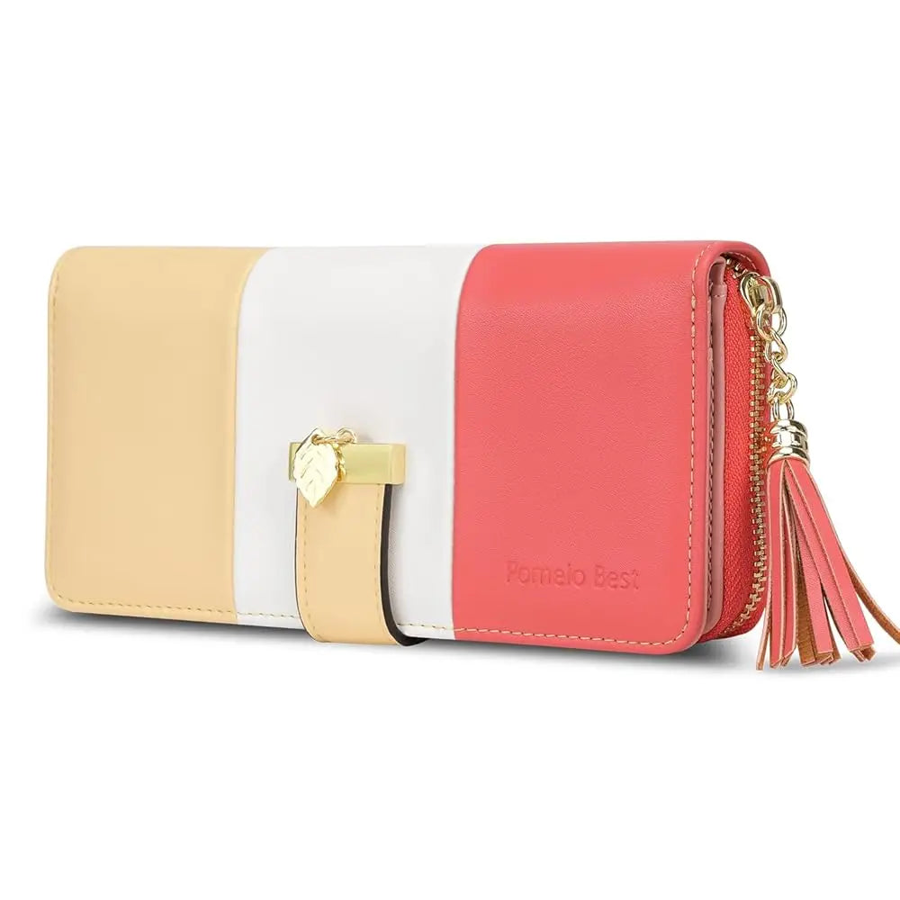 Pomelo Best Tri-color Women's Wallet Zipper Long Billfold PU Leather Large 9 Card Slots Coin Purse RFID Blocking Tassel Pendant