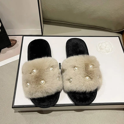 Perle Fluffy Slippers Home Winter Casual Designer Shoes Women 2025 New Luxury Indoor Plush Slides Girls Fashion Elegant Footwear