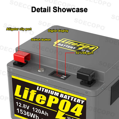 SOECOPO 12V 120Ah Portable LiFePO4 Battery 1536Wh LCD Screen USB Output for Home Camping Fishing Trolling Motor Power Bank