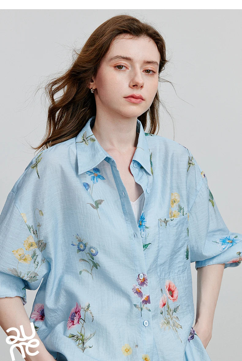 TOYOUTH Women Shirts 2026 Summer New Linen Lyocell Print Fresh Mid Length Floral Blouse Tops