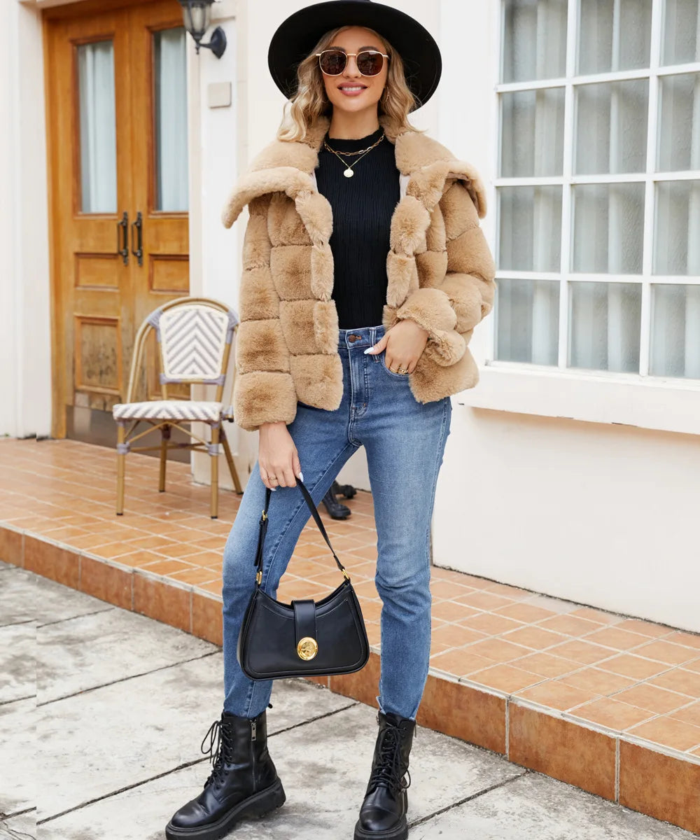 2026 Autumn Winter Turndown Collar Faux Fur Coat Women Casual Long Sleeve Fluffy Plush Jacket Khaki Thick Fake Fur Warm Cardigan
