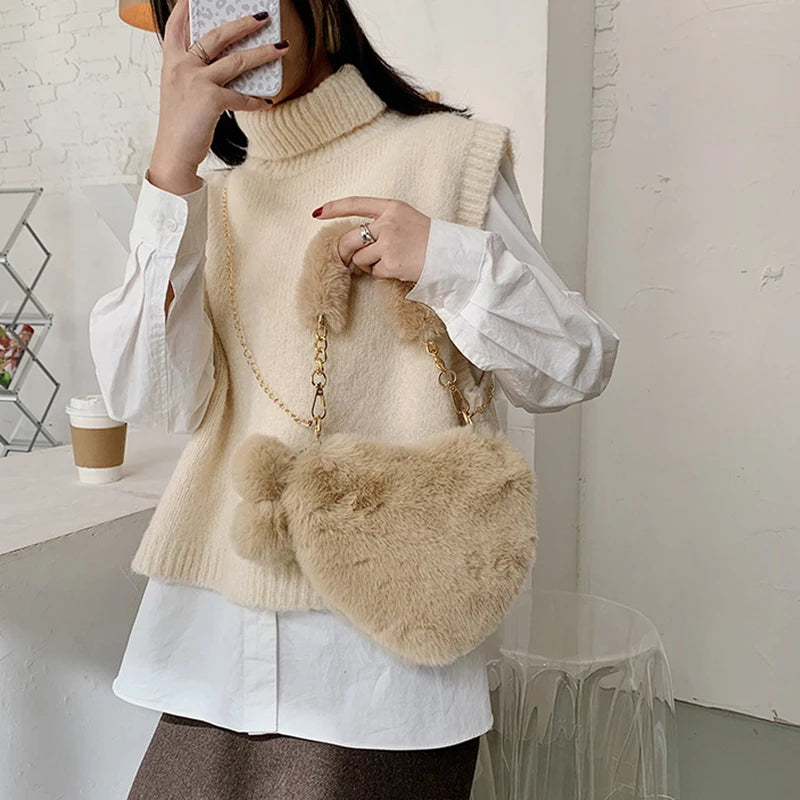 Women Hand Bags New Plush Love Heart Shaped New Fashionable Solid Color Soft Comfortable Purses and Handbags Bags for Ladies