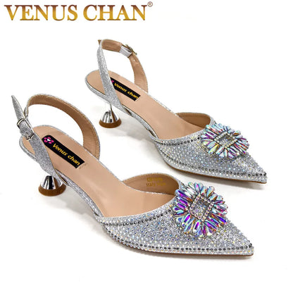 Latest Elegant Wedding Italian Diamond Design Shoes Women's African Party Shoes Crystal Shoes High School High Heels
