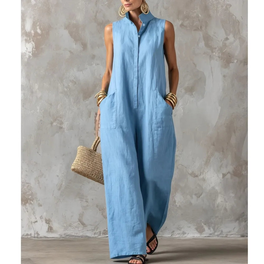 Elegant Women's Sleeveless Linen Blend Jumpsuit Button Down Collared Romper Casual Loose Summer Beach Vacation Boho Jumpsuits