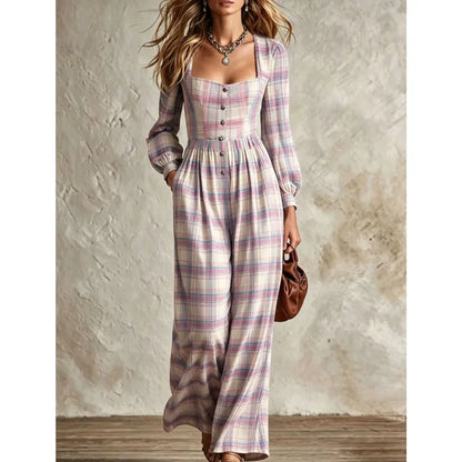 Retro Plaid Print Jumpsuit Square Neck Long Sleeve Jumpsuit Autumn New Waist Single Breasted Pocket Wide Leg Female Rompers 2026