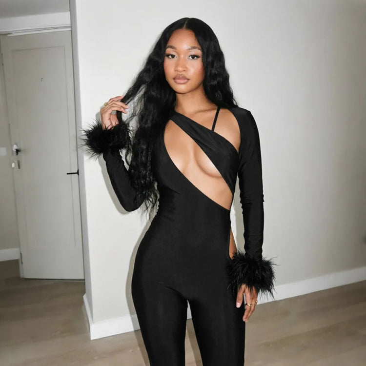 FLARORA Sexy Hollow Out Jumpsuits Woman Faux Fur Patchwork Skew Neck Full Sleeve Backless Skinny Peach Hip Party Club Overalls