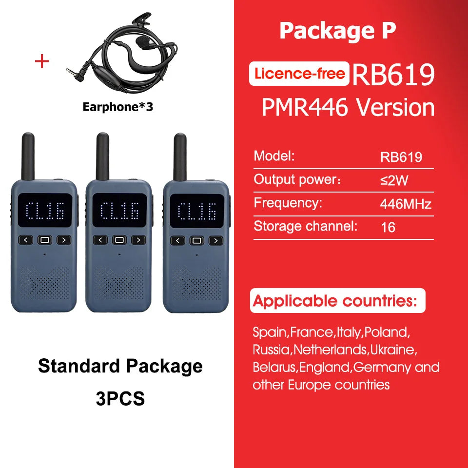 Retevis RB619 Mini Walkie Talkie PMR446/FRS 1650mAh Portable Long Range Two Way Radio Type-C Programmable for Restaurants Hotels