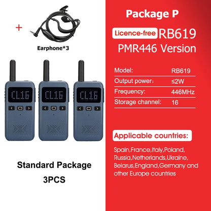 Retevis RB619 Mini Walkie Talkie PMR446/FRS 1650mAh Portable Long Range Two Way Radio Type-C Programmable for Restaurants Hotels