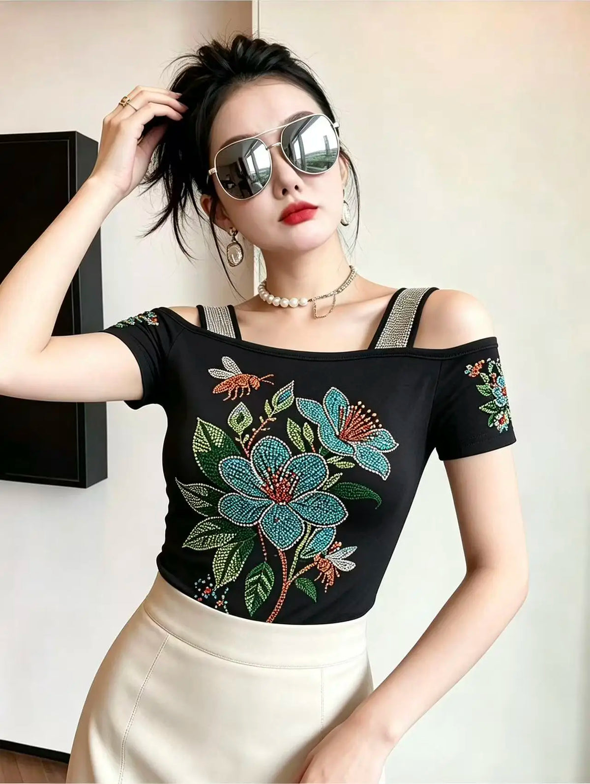 High Quality Elasticity Clothes Fashion T-Shirts Women's Sexy Off Shoulder Shiny Diamonds Mesh Tops Summer Tees Shirt