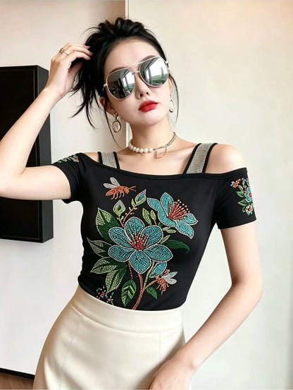 High Quality Elasticity Clothes Fashion T-Shirts Women's Sexy Off Shoulder Shiny Diamonds Mesh Tops Summer Tees Shirt