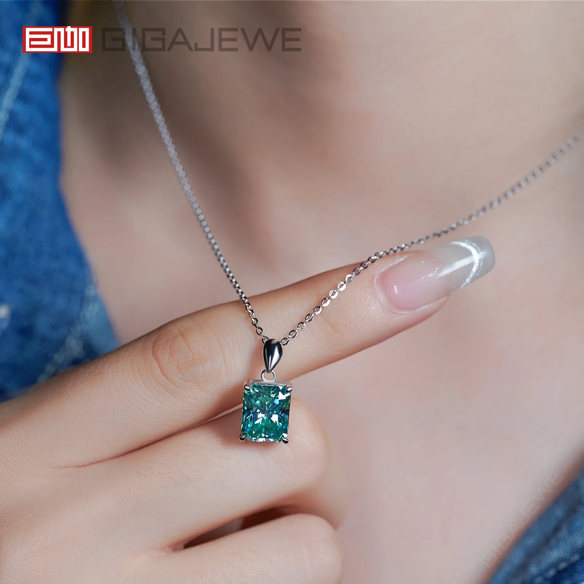 GIGAJEWE  8*10mm 4.0ct Radiant Cut Natural Cyan VVS1 Moissanite 18K White Gold Plated Silver Engagement Necklace Woman Girl Gift