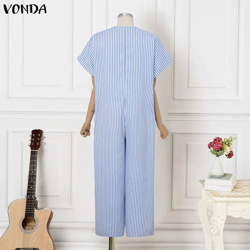 Plus Size VONDA Women Jumpsuits Summer Fashion Short Sleeve Stripe Jumpsuits Wide Leg Pants V Neck OL Party Overalls Playsuits