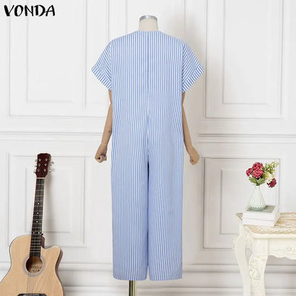 Plus Size VONDA Women Jumpsuits Summer Fashion Short Sleeve Stripe Jumpsuits Wide Leg Pants V Neck OL Party Overalls Playsuits