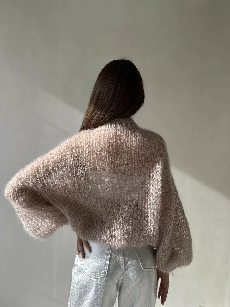 Women Knitting Cardigan 2026 New Women Mohair Knit Cardigan Hollow Out Sheer Long Sleeve Casual Knitted Outerwear Sweater