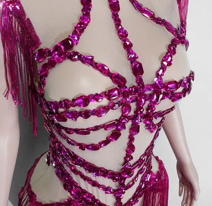 Sexy See-through Glitter Red Crystal Fringe Bodysuit High Elasticity Drag Queen Costume Festivals Outfit NightClub Dance Outfits