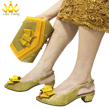 Pink New Arrivals Nigerian Women Shoes and Bag Set Italian Design Low Heels with Crystal Peep Toe Sandals for Party