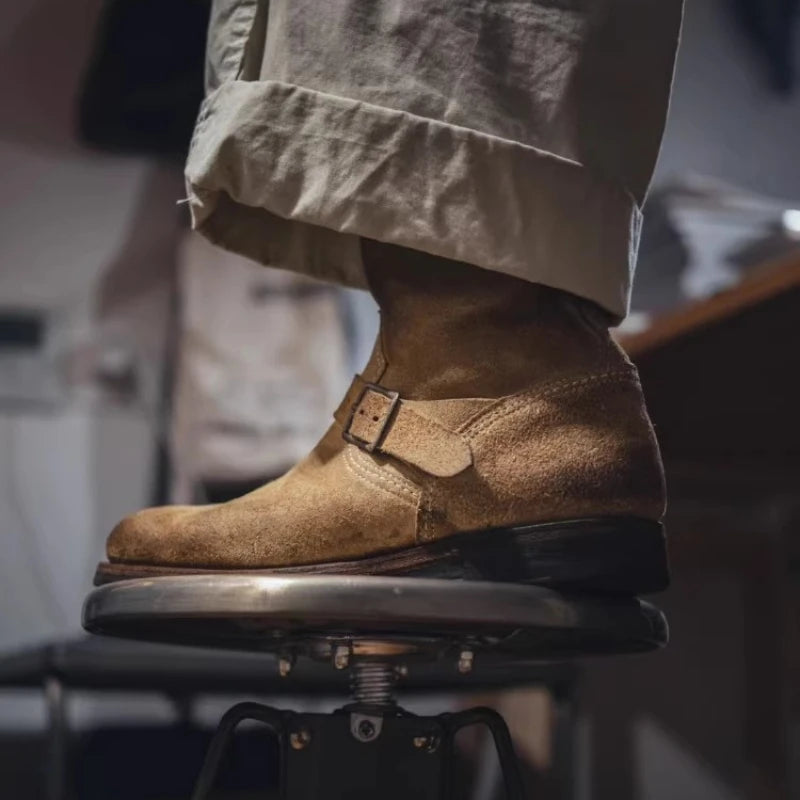 Leather Motorcycle Boots Men Women Engineer Shoes American Retro Khaki Suede Mid Calf motorcycle boots men motorcycle boots