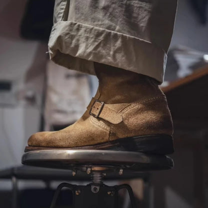 Leather Motorcycle Boots Men Women Engineer Shoes American Retro Khaki Suede Mid Calf motorcycle boots men motorcycle boots