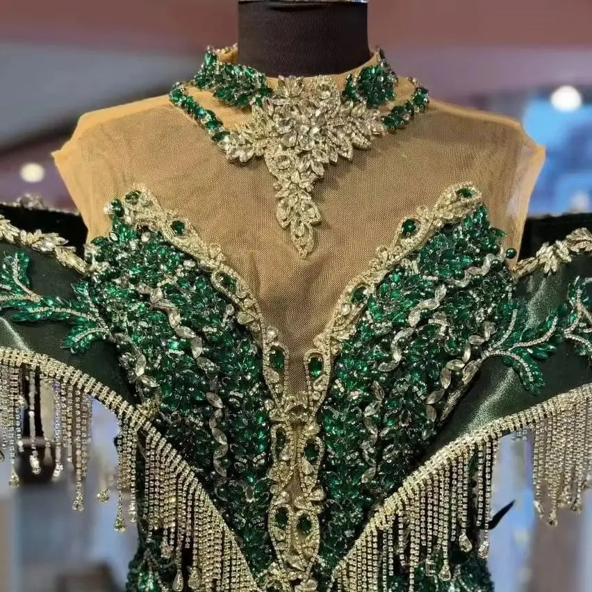 Emerald Green Mermaid Evening Dress High Neck Tassel Fringe Shiny Crystal Beaded Formal Gown Dubai Wedding Guest Aso Ebi Prom