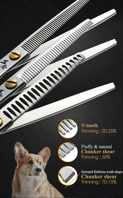 Fenice King Series VG10 Steel 7/7.5/8 Inch Professional Pet Dogs Grooming Scissors Straight Curved Thinnier Chunker Shears Tools