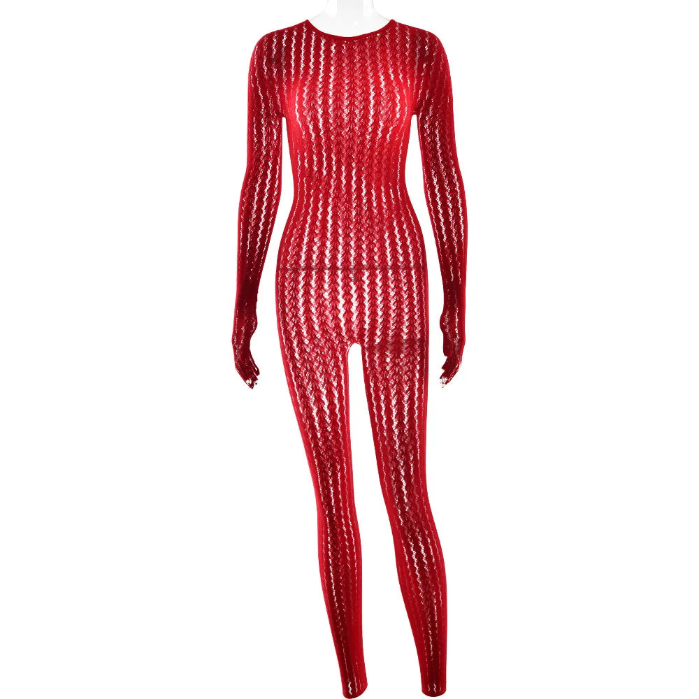 HLJ&GG Sexy Mesh Stretchy See Though Bodycon Jumpsuits Women Round Neck Long Sleeve Slim Playsuits Fashion Print Overalls 2025