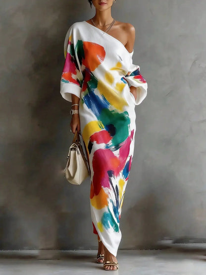 Balvessa Women's Designer Fashion Graffiti Print One Shoulder Fitted Elegant Dress Vacation White Summer